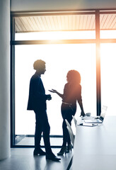 Poster - Business people, meeting and discussion in office for collaboration, brainstorming and project feedback. Team, employees and communication in workplace for support, proposal and company development