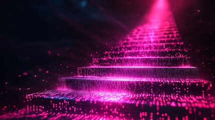 A digital staircase made of glowing binary code, A futuristic digital background with neon-glowing
