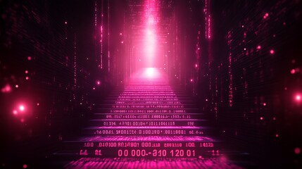 A digital staircase made of glowing binary code, A futuristic digital background with neon-glowing