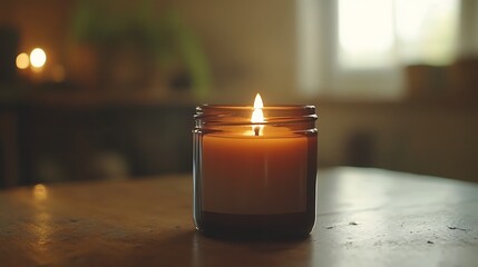 Canvas Print - A single candle flame illuminates the dark interior of a room, casting a warm glow on the wooden table.