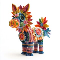 Paper art representation of a Mexican piñata toy, intricately designed, isolated on white.