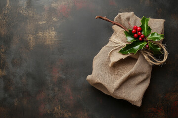 Flat lay of a present wrapped in burlap with a holly leaf on a brown background with copy space