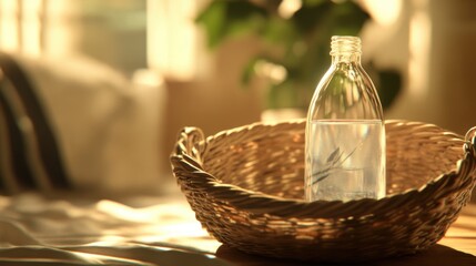 Wall Mural - Cozy Living Room with Skincare Bottle in Woven Basket