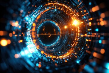 Poster - Abstract Tech Tunnel Futuristic Digital Data Stream Cyberspace Network Orange Blue Glow