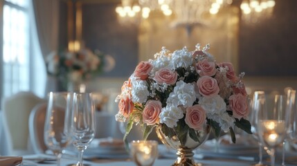 Poster - A table with a vase of flowers and a chandelier in the background