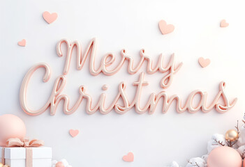 Wall Mural - Cute pink 3D text of 'Merry Christmas' with christmast tree, golden white gift box and christmas stuff decorative isolated on white background