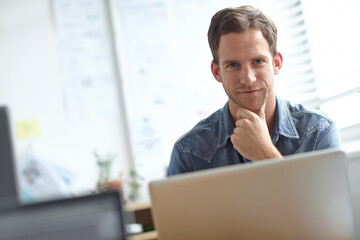 Aufkleber - Creative, laptop and portrait of man with confidence, pride and online opportunity at digital agency. Business growth, web development and graphic designer with computer at professional tech startup