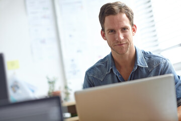 Aufkleber - Creative, laptop and portrait of man in office with confidence, pride and online opportunity at digital agency. Business growth, web development and graphic designer with computer at tech startup