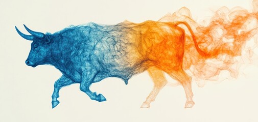 Naklejka na meble A vibrant, abstract representation of a bull in dynamic motion, blending hues of blue and orange, evoking energy and strength.