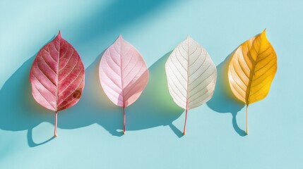 Poster - Colorful autumn leaves showcase shades of pink, white, and yellow, creating soft shadows on a gentle pastel backdrop