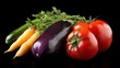 © red_orange_stock - A vibrant collection of fresh vegetables, featuring carrots, zucchini, eggplant, and tomatoes, arranged on a rich black backdrop