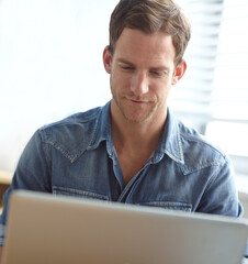 Poster - Office, laptop and business man at startup company working online for project, research and planning. Professional, creative and person on computer for website review, internet and email networking