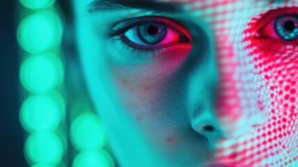 Poster - A captivating portrait captures a person with striking eyes, enhanced by colorful digital light dots, creating a luminous and futuristic ambiance