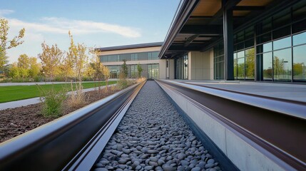 Canvas Print - Polymer storm drainage system installed on a building roof, showcasing efficient water management with durable gutter design.