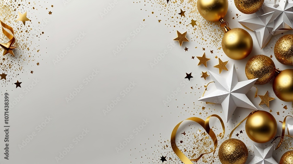 New Years Eve corner border banner of glittery gold stars streamers ...