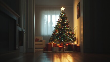 Poster - A Christmas tree is lit up in a room with a window