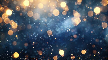 Poster - A mesmerizing array of golden sparkling bokeh illuminates a dark blue background, creating an enchanting visual experience