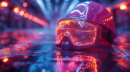 Poster - conceptualize a neon exhibit of workplace safety symbols, including shimmering