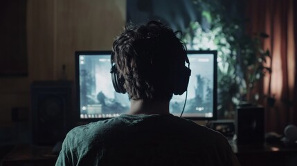 Poster - A man is sitting in front of a computer monitor with headphones on