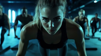 Wall Mural - A woman is in the middle of a workout with other people