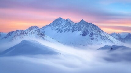 Poster - The mountain range is covered in snow and the sky is a beautiful pink