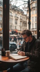 Wall Mural - A solo traveler sitting at a cafÃ© table, writing in a leather-bound journal with a cup of coffee beside them.