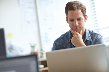 Aufkleber - Office, thinking and business man on laptop with ideas for solution, company project or problem solving. Professional, startup and person brainstorming on computer for research, feedback and planning