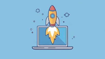 Poster - Sleek futuristic rocket blasting off from an open laptop screen, symbolizing a dynamic and powerful concept for launching a successful startup business tech industry , illustration, 4k resolution 