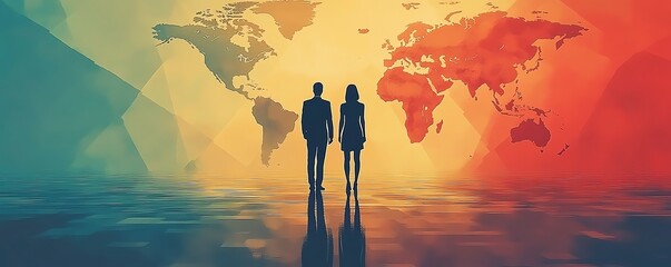 Poster - Business people in flat design standing in front of a world map, with geometric shapes, minimalistic color blocks, and a professional quality aesthetic