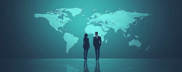 Wall Mural - Business people in flat design standing in front of a world map, with geometric shapes, minimalistic color blocks, and a professional quality aesthetic