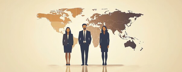 Poster - Business professionals standing in front of a world map in a flat design, with geometric shapes, color blocks, and minimalistic elements, reflecting a clean, professional style