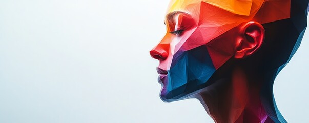 Poster - Colorful head with geometric shapes and vivid colors radiating, representing creativity and digital marketing innovation, against a pure white background