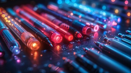 Poster - Design a series of neon office supplies symbols, including illuminated