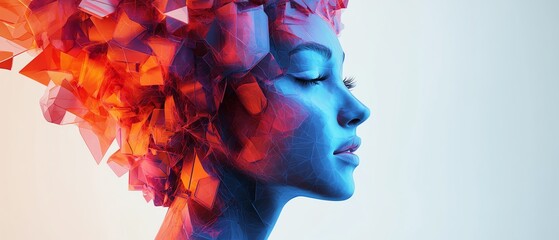 Poster - Vibrant geometric shapes and colors emerging from a head, representing the essence of creativity in digital marketing, displayed on a clean white background