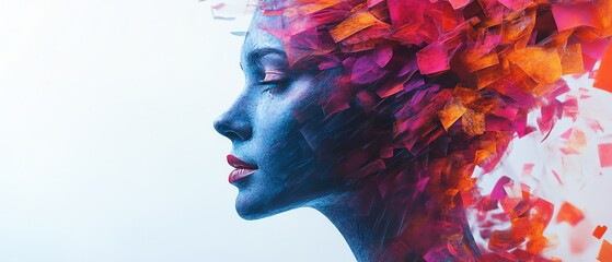 Poster - Vibrant geometric shapes and colors emerging from a head, representing the essence of creativity in digital marketing, displayed on a clean white background