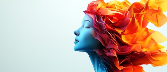 Poster - Vibrant geometric shapes and colors emerging from a head, representing the essence of creativity in digital marketing, displayed on a clean white background