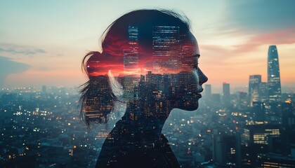 Aufkleber - Futuristic business people silhouettes in double exposure with city skyline, digital identity concept, merging teamwork with urban landscape
