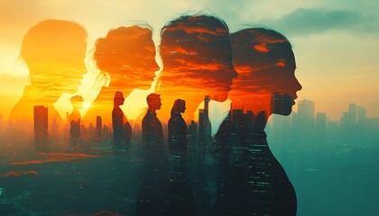 Aufkleber - Futuristic group of silhouetted business people working in sync, layered with city skyline in double exposure style, digital identity and innovation concept