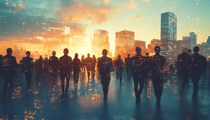 Aufkleber - Futuristic group of silhouetted business people working in sync, layered with city skyline in double exposure style, digital identity and innovation concept