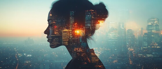 Aufkleber - Futuristic group of silhouetted business people working in sync, layered with city skyline in double exposure style, digital identity and innovation concept