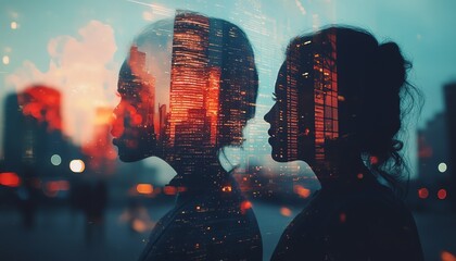 Aufkleber - Futuristic group of silhouetted business people working in sync, layered with city skyline in double exposure style, digital identity and innovation concept