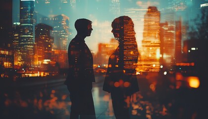 Poster - Silhouette photography of business people working together, city skyline double exposure, digital identity theme with futuristic energy