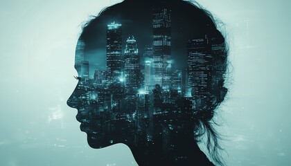 Poster - Silhouette photography of business people working together, city skyline double exposure, digital identity theme with futuristic energy