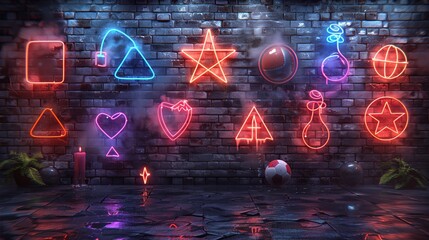 Poster - devise a neon set of sports achievement symbols, including illuminated