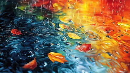 Wall Mural - Autumn leaves floating on water with raindrops.