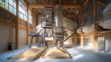 Canvas Print - Traditional rice processing facility with a modern touch, featuring machinery for grain sorting and cleaning