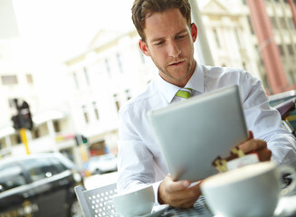 Poster - Business man, tablet and reading at coffee shop in morning with remote work, notification and chat. Person, lawyer and digital touchscreen with application, thinking or social media on break at cafe