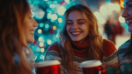 Sticker - Two women sharing laughter over coffee, surrounded by festive Christmas decorations, wearing cozy winter attire.