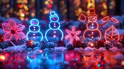 Poster - produce a neon set of seasonal symbols, including shimmering snowmen