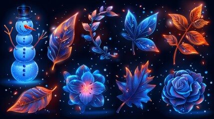 Poster - produce a neon set of seasonal symbols, including shimmering snowmen